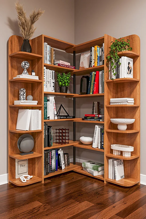 Duvar/Köşe Modüler Kitaplık – 176 cm Geniş Ünite, 17 Raflı Salon & Ofis Kitaplığı